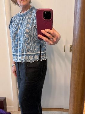 Blue Embroidered Eyelet Short-Sleeve crop Top